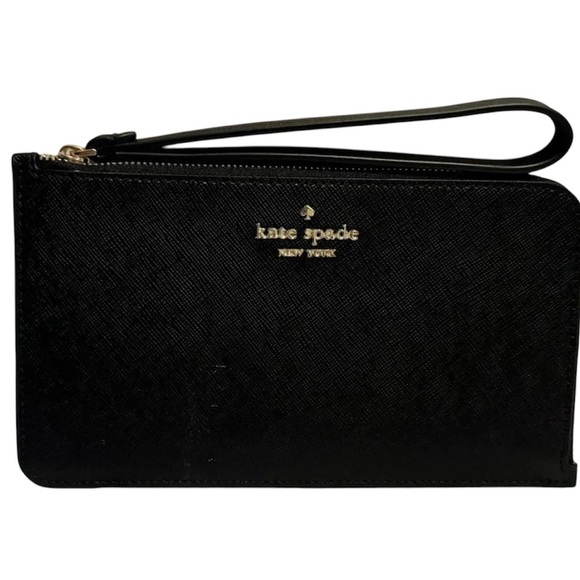Kate Spade Black Wristlet Gold Zipper 3 Card Slots Inside 1 Outside Pocket - Picture 1 of 7